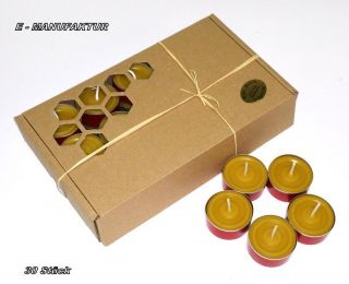 30 X Teelichter Aus 100 Bienenwachs In Roten Aluschalen Mit Muster,  Brenndauer Bild