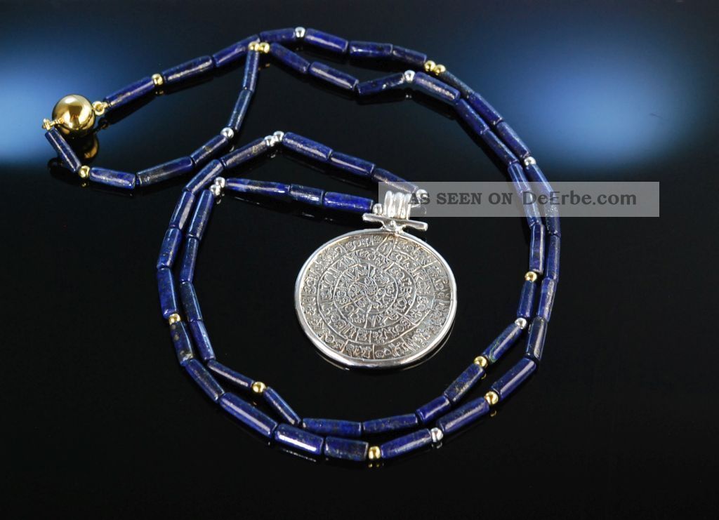 SchÖne Lange Lapislazuli Kette Mit AnhÄnger Silber Hieroglyphen Um 1980 Ketten Bild