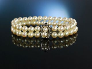Edler Klassiker Akoya Zucht Perlen Armband Gold 585 2 Reihig Pearl Bracelet Bild