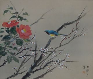 Antikes Japanisches Rollbild Kakejiku Vogel Und Blume Japan Scroll 3537 Bild