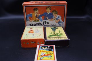 4 Antike Spiele Schwarzer Peter Quartett Denk Fix Vintage 1940 Bild