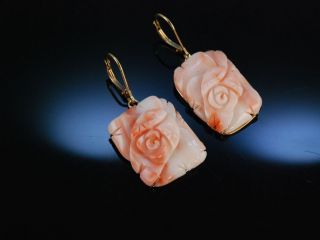Grosse Ohrringe Echte Engelshaut Koralle Rosen BlÜte Gold 585 Coral Earrings Bild